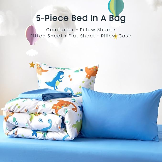 Wake In Cloud - Dinosaur Bedding Set for Boys, Cute Colorful Dinosaur Comforter Set with Sheets, 5 Pieces Kids Bed in a Bag, White Blue, Twin Size