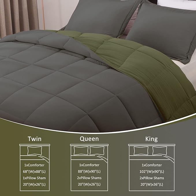 Basic Beyond King Size Comforter Set - Fluffy King Bed Comforter Set for All Seasons - Reversible Olive Green King Size Comforter Set - 3 Pieces (1 Comforter + 2 Pillow Shams) - Olive Green/Drak Gray