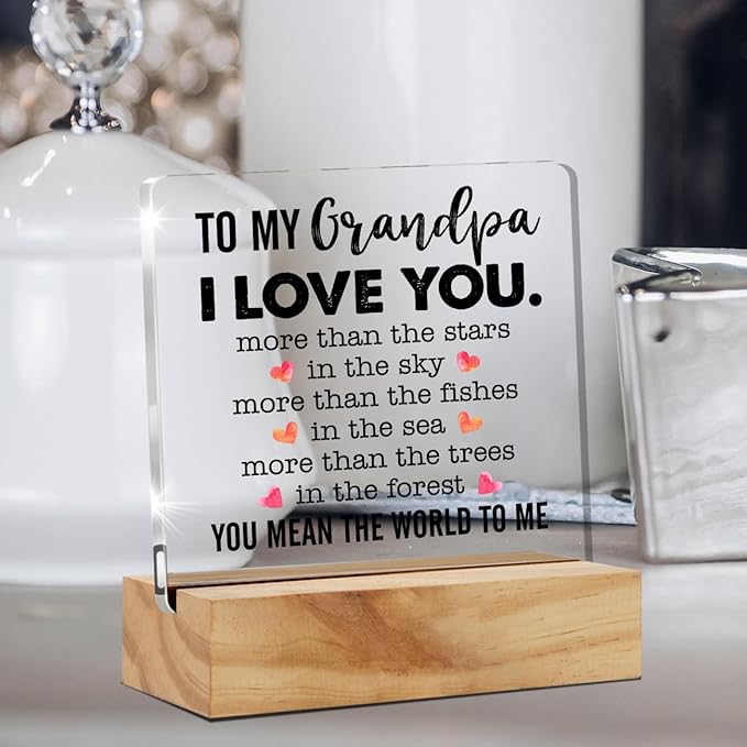 Gifts for Grandfather Papa from Grandson Granddaughter, to My Grandpa Desk Decor Acrylic Desk Plaque Sign with Wood Stand Home Office Desk Sign Keepsake Father's Day Present