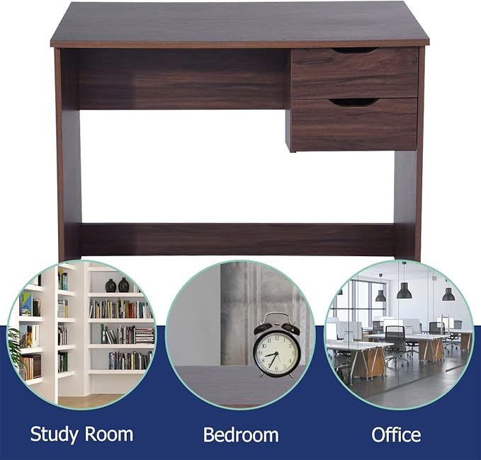 Home Office Computer Desk, 35.4" Small Study Writing Table, with Storage Drawers, Modern Teen Student Adult PC Table Desk, Walnut