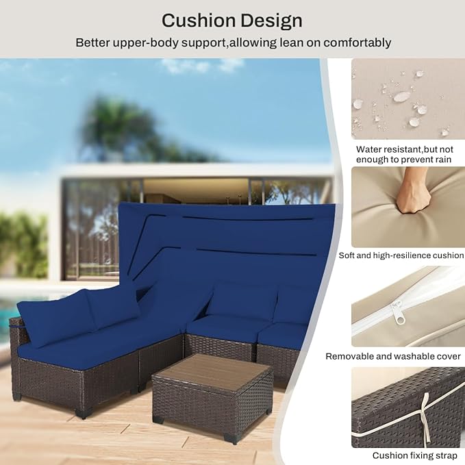 6 PCS Outdoor Patio Furniture Set,Sectional Sofa Set,Rattan Daybed with Retractable Canopy,Adjustable Backrest,Storage Coffee Table,Chaise Chair Sunbed for Garden Poolside Backyard(Dark Blue)