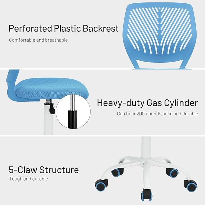 FurnitureR Desk Chair Small Study Chairs Armless for Child Kids Teens, Swivel Rolling Lightweight Task Chair with Wheels and Mesh Padded Cushion, Blue