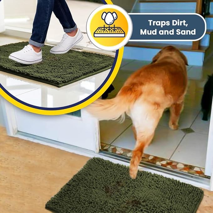 Muddy Mat® Original Dog Door Mat for Muddy Paws, Super Absorbent Microfiber, Non-Slip Washable Pet Rug, Quick Dry Chenille Entryway Carpet, Machine Washable Indoor Outdoor mat, Army Green 35"x60"