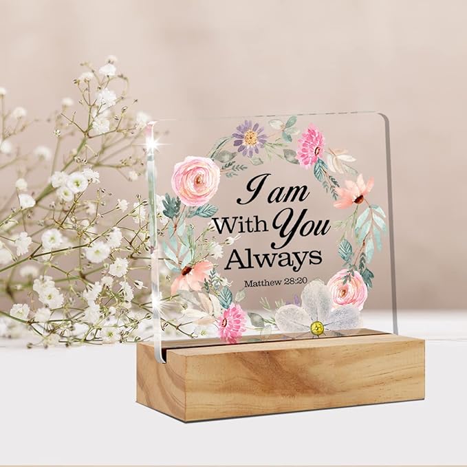 Bible Verse I am with You Always Desk Decor Acrylic Desk Sign Inspirational Scripture Christian Acrylic Plaque Home Office Desk Shelf Decoration Gift 4.7"x4.7"