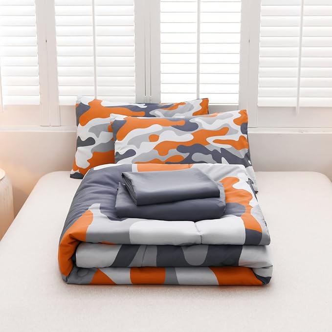 Meeting Story Camouflage Bedding Set, Colorful Pattern Style Comforter Set, 5 PCS One Comforter Two Pillowcases Two Sheets in One Bag, All Season Bedspread for Teens Adults (Orange, Full 5Pcs)