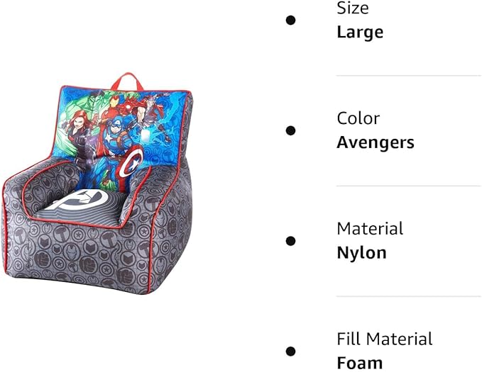 Idea Nuova Marvel Avengers Toddler Nylon Bean Bag Chair with Piping & Top Carry Handle, Large