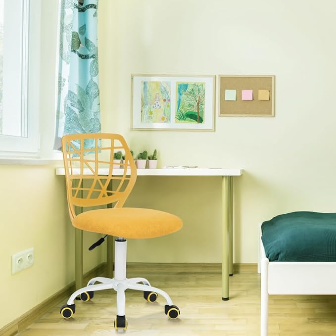Kids Desk Chair, Fabric Office Chair Armless Small Mid Back Swivel Children Computer Task Chair Ergonomic Height Adjustable Study Chairs with Swivel Padded Cushion and Rolling Wheels, Yellow