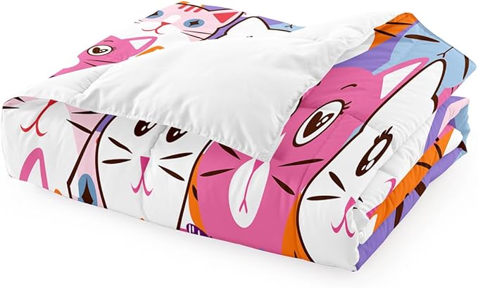 Cat Full Comforter Set for Bedroom - 3Pcs Colorful Cat Comforter Set for Teens Kids Cute Cartoon Cat Bedding Set Ultra Soft Warm Lightweight Kawaii Animal Patterns Comforter with 2 Pillowcases