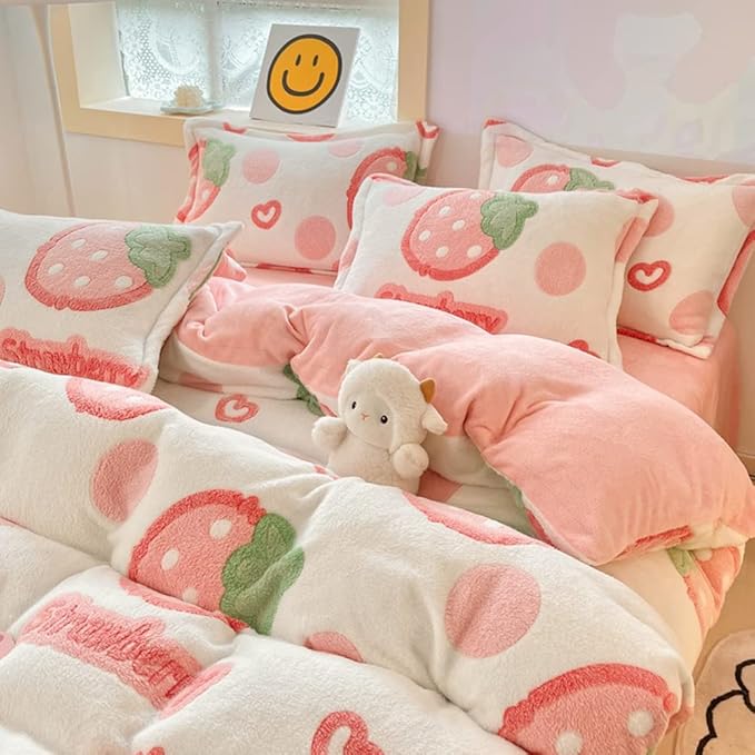 MorroMorn Pink Duvet Cover Queen, Strawberry Bedding Sets, Fluffy Comforter Covers Set, Down Alternative Blanket Ultra Soft Kawaii Cute for Girls Kids Teen Women Full Double Size