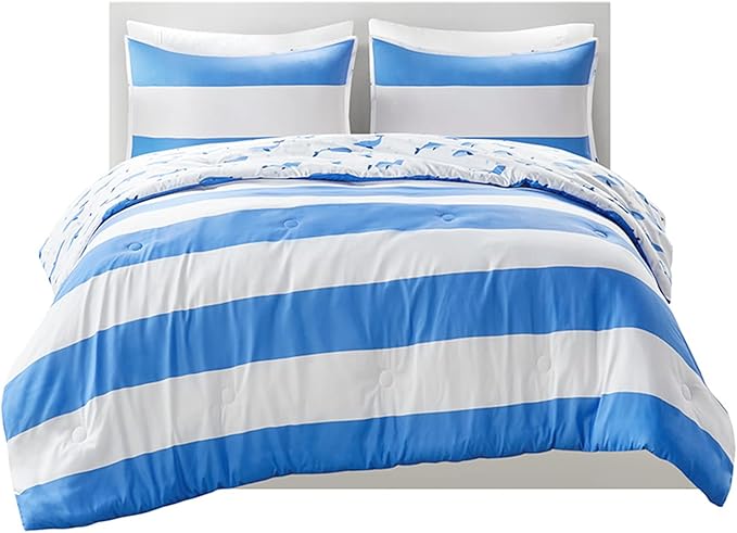 Mizone Kids Blake Reversible Dolphin Comforter Set - Adventure Animal Adorable Print with Stripe Reverse, Fun Bedroom Décor, Modern All Season Kids Bedding, Matching Sham, Blue 2 Piece, Full/Queen