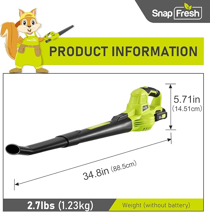 SnapFresh Leaf Blower, 20V Cordless Leaf Blower with 2.0Ah Battery & Fast Charger, 2 Speed Mode, Lightweight Electric Leaf Blower for Lawn Care, Leaf Blower for Patio Yard Sidewalk…