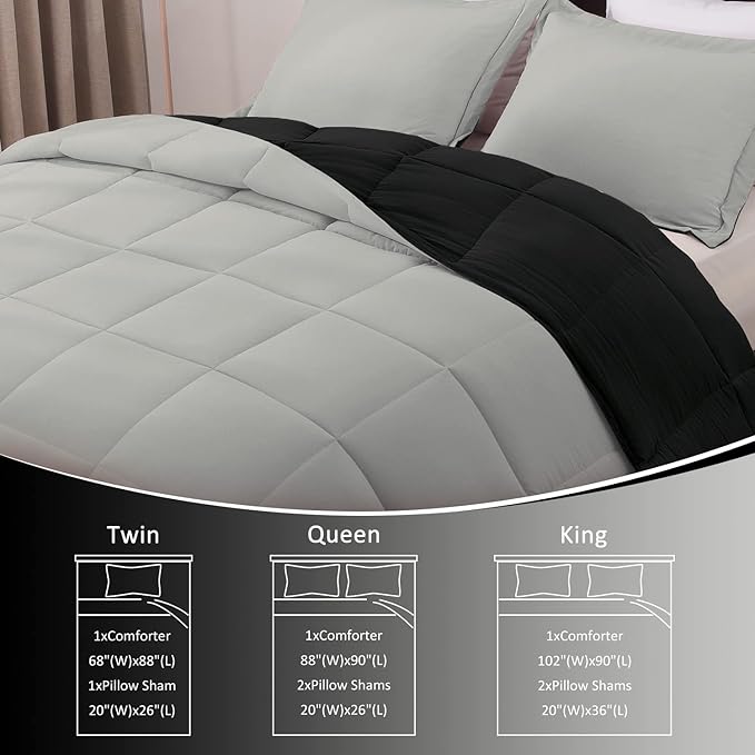 Basic Beyond Twin Comforter Set for Girls and Boys - Fluffy Twin Bed Comforter Set for All Seasons - Reversible Black and Grey Twin Comforter Set - 2 Pieces (1 Comforter + 1 Pillow Sham)