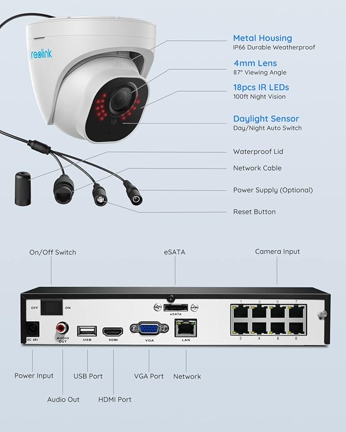 REOLINK 4K Security Camera System, 4pcs H.265 PoE Wired Turret Cameras with Person Vehicle Detection, 4K/8MP 8CH NVR with 2TB HDD for 24-7 Recording, RLK8-800D4