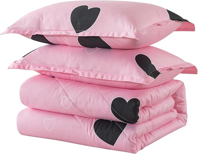 Girls Pink Comforter Set Twin Size, Blush Pink Cute Love Heart Print Sexy Comforter Bedding Set for All Seasons, Geometric Soft Microfiber Comforter Set with Pillowsham