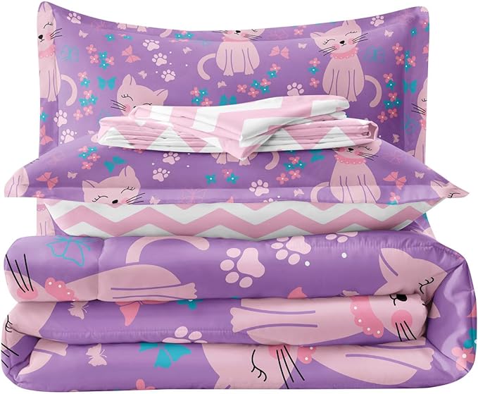 5 Piece Girls Cat Comforter Set Full Size Bed in A Bag Pink Cute Cartoon Cats Bedding Set for Kids Teens (1 Comforter, 1 Flat Sheet, 1 Fitted Sheet, 2 Pillowcases), Purple Pink