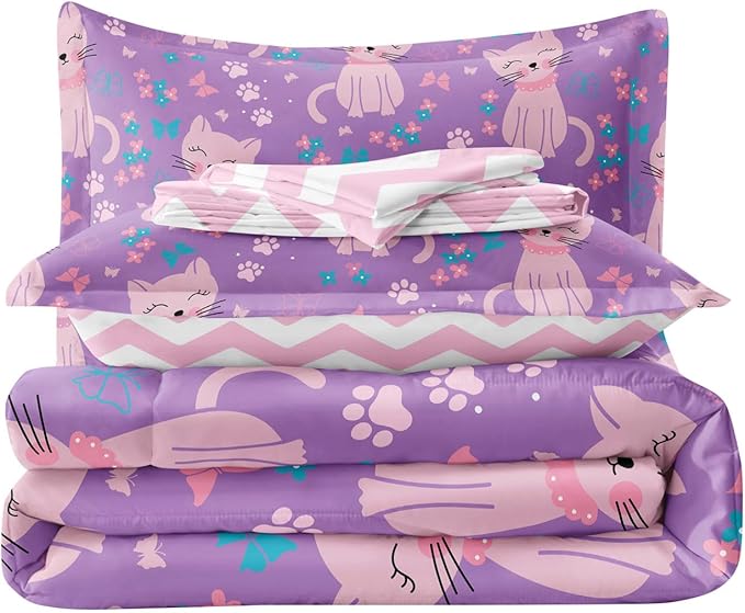 5 Piece Girls Cat Comforter Set Twin Size Bed in A Bag Pink Cute Cartoon Cats Bedding Set for Kids Teens (1 Comforter, 1 Flat Sheet, 1 Fitted Sheet, 2 Pillowcases), Purple Pink