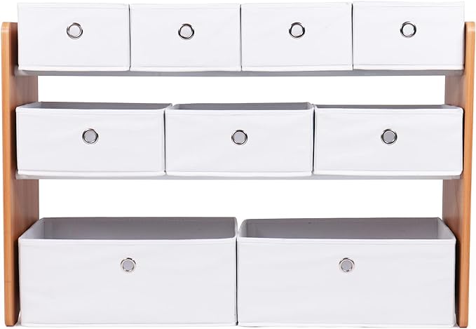 Humble Crew Kids Toy Organizer with 9 Collapsible Fabric Storage, Natural Wood and White Bins