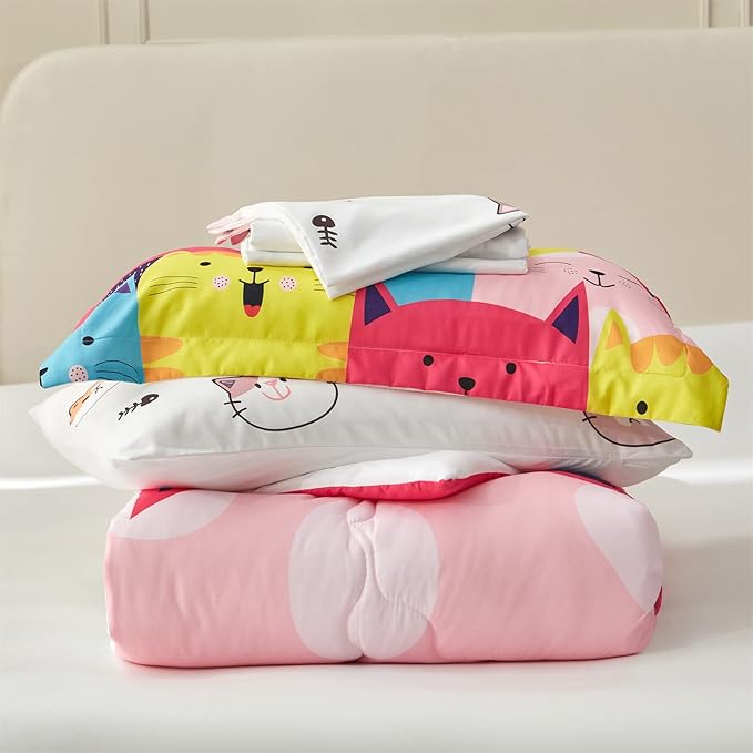 Wajade Kids Cute Cats Comforter Set Bed in A Bag Twin Size 7 Piece Colorful Cartoon Pet Cats Bedding Set for Boys Girls (1 Comforter, 1 Flat Sheet, 1 Fitted Sheet, 2 Pillowcase and 2 Pillow Sham)