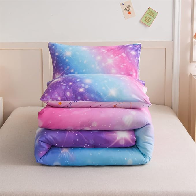 Holawakaka Girls Space Star Rainbow Glitter Comforter Set Ombre Galaxy Print Gradient Reversible Bedding Set Full Size Kids Bed Sets (Pink Lavender, Full)