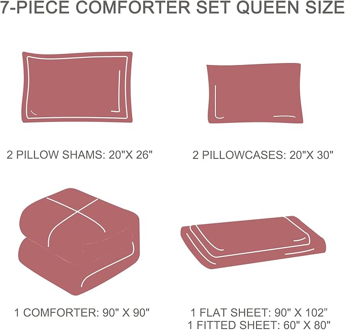 EMME Queen Comforter Set - Red Floral Bedding Set 7 PCS with Flowers Leaves Pattern, Soft Plant Printed Botanical Bed Set with Sheets, Fluffy Bed Bag for All Season(90"X90")