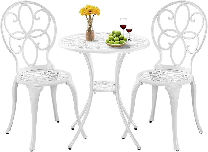 3 Piece Cast Aluminum White Bistro Set Outdoor Bistro Table and Chairs Set of 2,Metal Bistro Patio Table Set with Umbrella Hole,Patio furniture Set for Garden,Front Porch.