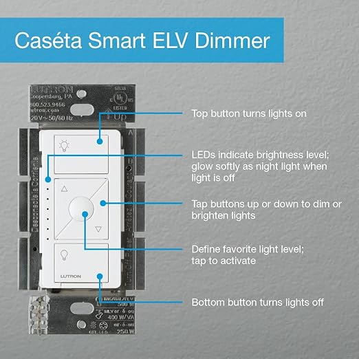 Lutron Caseta Original Smart Dimmer Switch ELV+ (Lutron Hub Required), 250W LED, Single-Pole/3-Way, Neutral Required, PD-5NE-WH, White