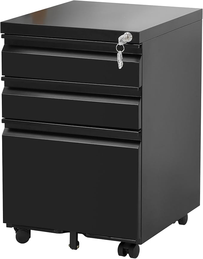 3-Drawer Mobile File Cabinets Rolling Metal Filing Cabinet for Legal & Letter File Anti-tilt Design with Lock Under Desk Office Drawers Fully Assembled Except Casters Black
