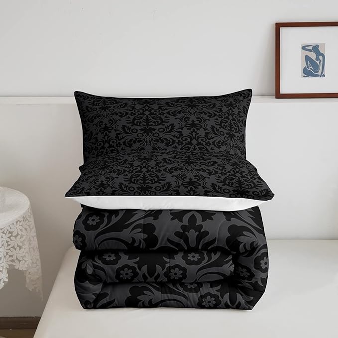 Erosebridal Adults Black Damask Bedding Set Antique Victorian Baroque Down Comforter King Gothic Vintage Floral Comforter Set Bohemian Exotic Bedding Quilted Bedroom Decor 2 Pillow Cases