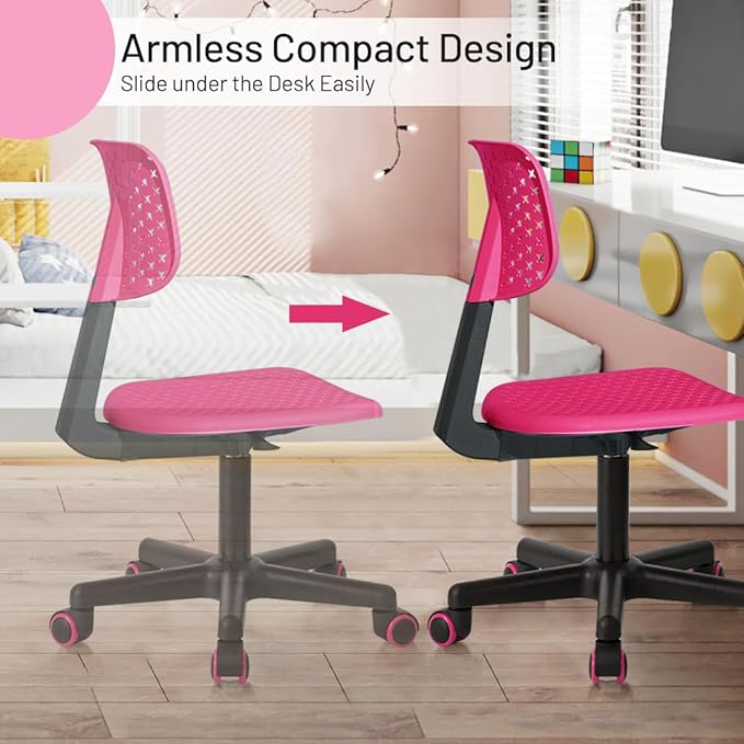 Desk Chair Armless Cute Office Chair, Low Back Rolling Home Office Task Chair Adjustable Swivel Study Chair for Girls Teens Adults Children Kids, Pink