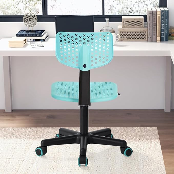 Desk Chair Armless Cute Office Chair, Low Back Rolling Home Office Task Chair Adjustable Swivel Study Chair for Girls Teens Adults Children Kids, Turquoise