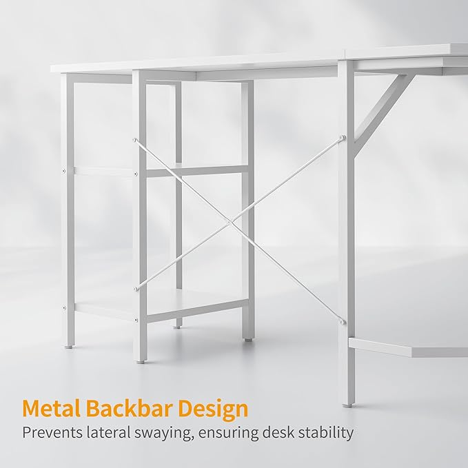 BANTI L Shaped Desk with Shleves, 50.4 inch Large Corner Desk with Two Storage, Space Saving, Easy to Assemble, White