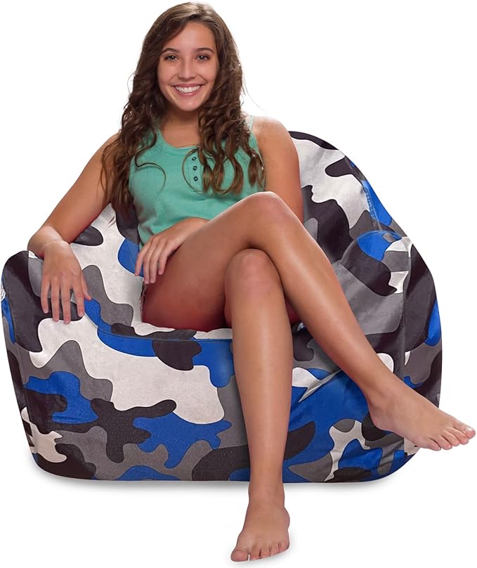 Posh Creations Structured Comfy Bean Bag Chair for Gaming, Reading and Watching TV, Malibu Lounge, Nylon - Camo Blue and Brown