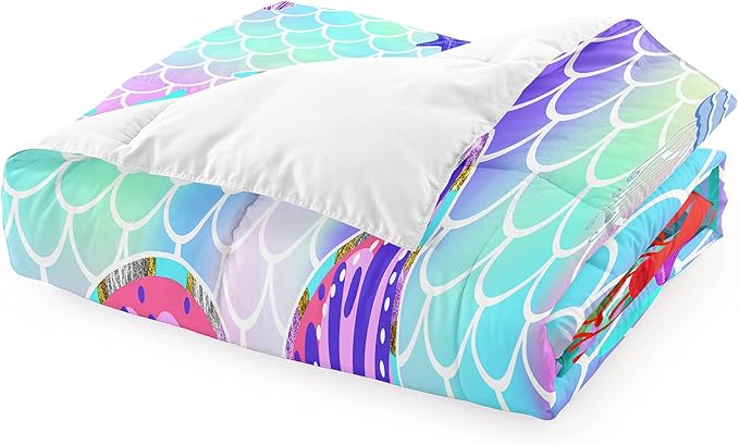 Mermaid Full Size Bedding Set for Girls, Rainbow Mermaid Tail Fish Scales Comforter Set Full Size Bed in a Bag, Cute Mermaid Tail Pattern Decor for Girls Bedroom, 1 Comforter 2 Pillowcase