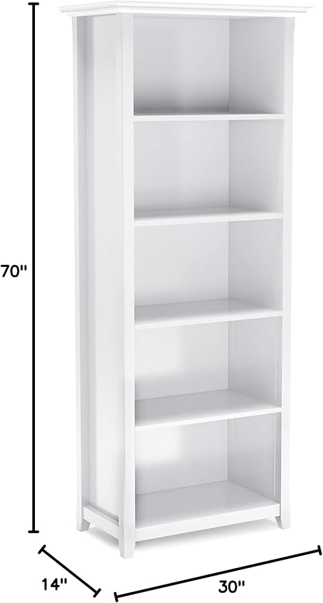 SIMPLIHOME Amherst SOLID WOOD 30 Inch Transitional 5 Shelf Bookcase in White, For the Living Room, Study Room and Office