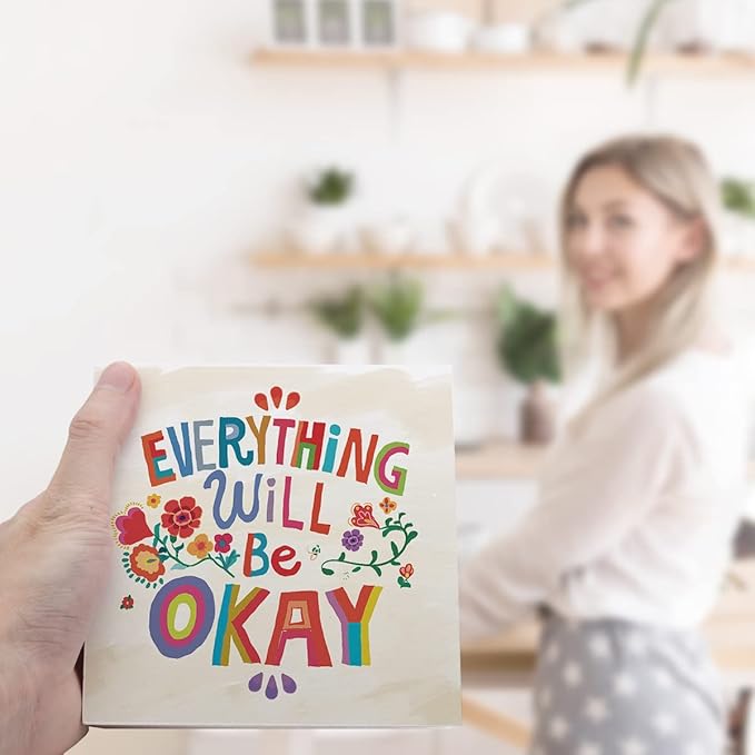 Ruvoty Everything Will Be Okay Colorful Word Art Wooden Sign Desk Decor,Inspirational Wood Block Sign Desk Decorations for Home Bedroom Dorm Office Desk Shelf Table Decor