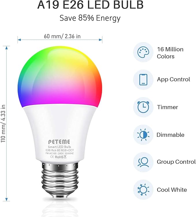Peteme Smart WiFi Light Bulbs, Led RGB Color Changing Bulbs Compatible with Alexa, Siri,Echo, Google Home, A19 E26 60W Smart Bulbs 1 Pack