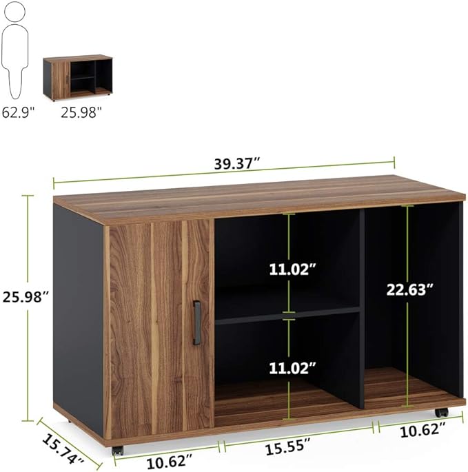 Tribesigns 39 inches File Cabinet, Large Storage Printer Stand, Mobile Filling Office Cabinet with Wheels, Doors and Open Storage Shelves,Dark Walnut