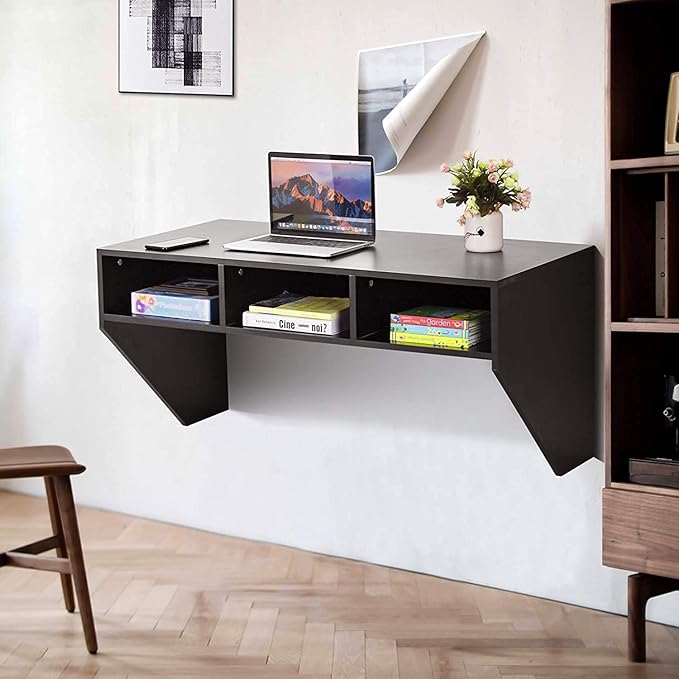 Computer Floating, Home Office Working, 42.5” Laptop Table Writing w/Storage Shelves, Modern Console Media Cabinet Wall Mounted Desk Hutch, Black