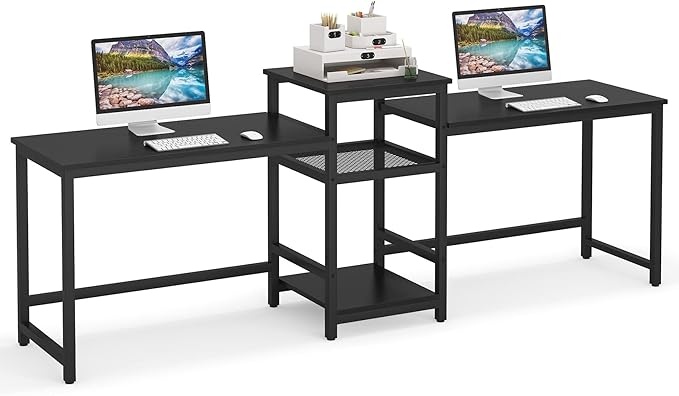 Tribesigns 96.9" Double Computer Desk with Printer Shelf, Extra Long Two Person Desk Workstation with Storage Shelves, Large Office Desk Study Writing Table for Home Office (Black)