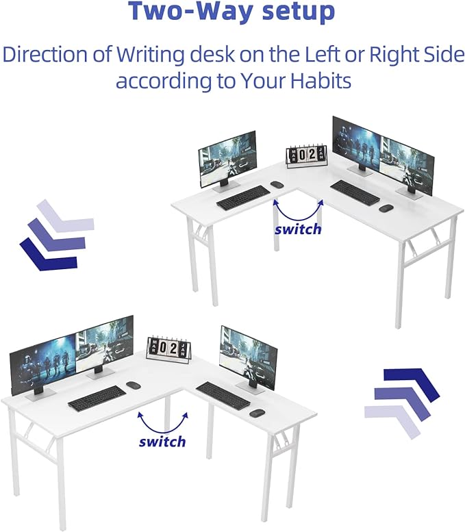 DlandHome L-Shaped Folding Computer Desk 55inches and 55inches Left and Right Adjustable Half-Installed Home Office Workstation Corner Table,White +White