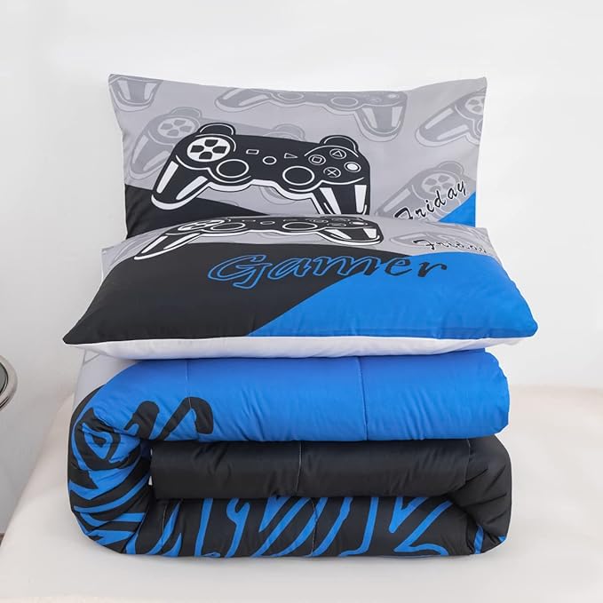 Feelyou Gaming Comforter for Boys Teen Video Game Bedding Set for Kids Gamer Comforter for All Season Gamepad Home Decor for Comforter Set Twin Size,1 Comforter with 1 Pillowcase Blue Black Grey
