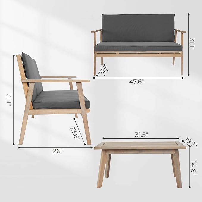 VINGLI Outdoor Patio Furniture, 4 Piece Acacia Wood Sofa Set w/Coffee Table, Patio Table and Chairs Set for Deck, Balcony, Backyard (Light Natural)