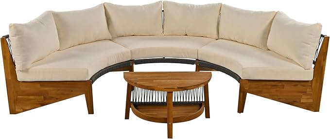 Merax Outdoor Sectional Patio Furniture Sets, Half Moon All Weather Wicker Seating Group, with Cushions and Round Coffee Table, Beige