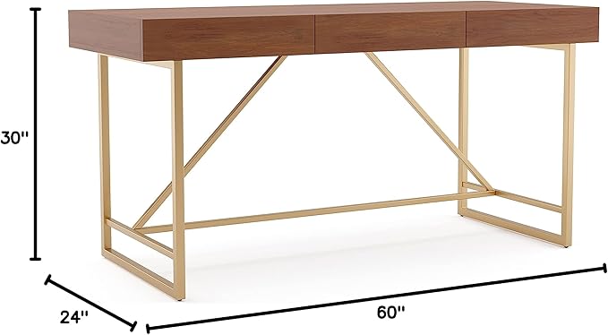 Lizon Modern 60 Inch Wood Desk with Drawers, Office Table with Storage, Vanity Without Mirror for Bedroom, Study Room, Dorm, 60-inch, Light Walnut Brown and Gold