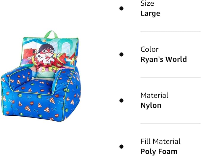 Idea Nuova Ryan's World Toddler Nylon Bean Bag Chair with Piping & Top Carry Handle Large