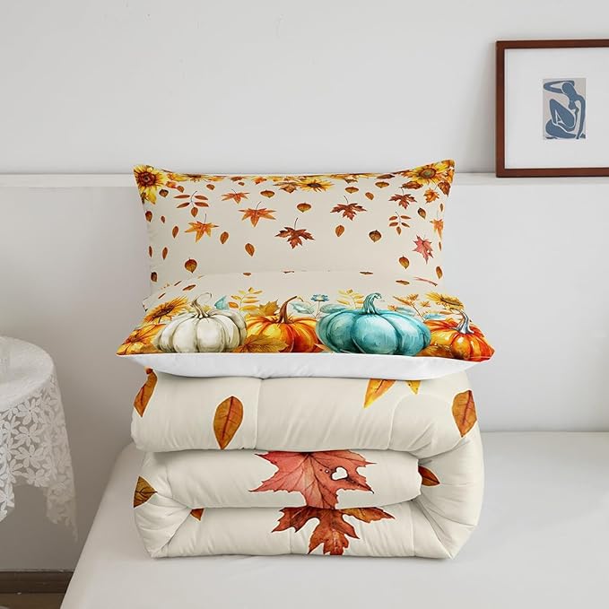 Fall Pumpkin Bedding Set for Home Twin Thanksgiving Harvest Season Fruit Decor Comforter Set Autumn Fall Maple Leaf Quilt Comforter for Kids Teen Adults,Rustic Farm Sunflower Bed Sets 1 Pillow Case