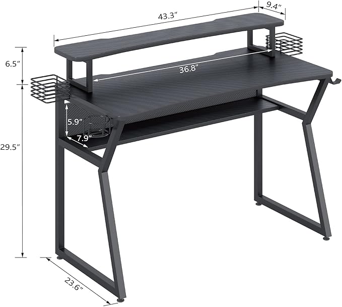 Gaming Desk, Computer Desk with Large Monitor Stand and Open Shelf,Gamer Table Workstation with Cup Holder, Headphone Hook, 2 Speaker Stand for Home Office (Black Carbon Fiber)