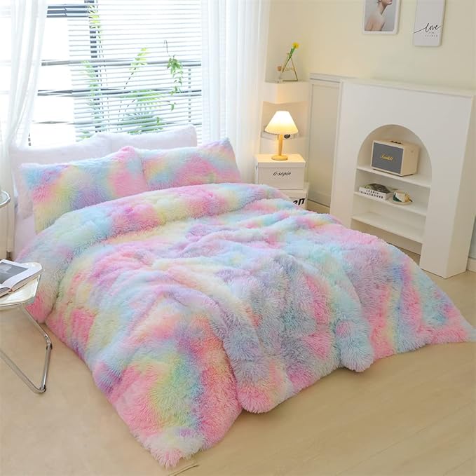 Faux Fur Kids Girls Cow Print Comforter Sets Twin/Full - 3PC Bed Set Warm Comfortable Soft Plush Flannel Velvet Fluffy Fuzzy Bedding(Comforter x 1 Pillowcases x 2)