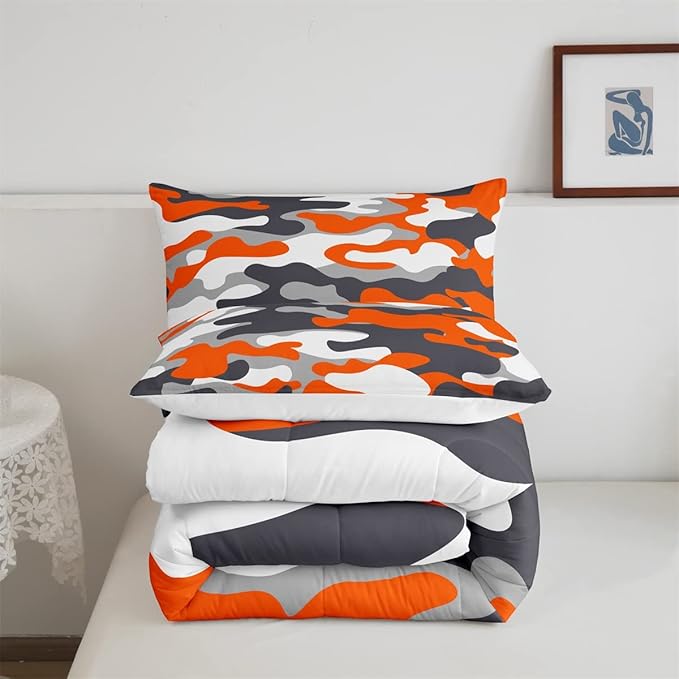 Feelyou Queen Size Camouflage Comforter Set 3Pcs Kids Bedding Set for Boys Girls Teens 1 Comforter & 2 Pillowcases(Queen,Orange)