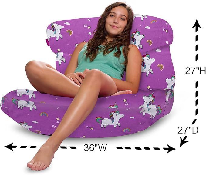Posh Creations Structured Comfy Bean Bag Chair for Gaming, Reading, and Watching TV, Laguna Lounger, Canvas - Unicorn and Rainbows on Purple, Canvas Rainbow Unicorns